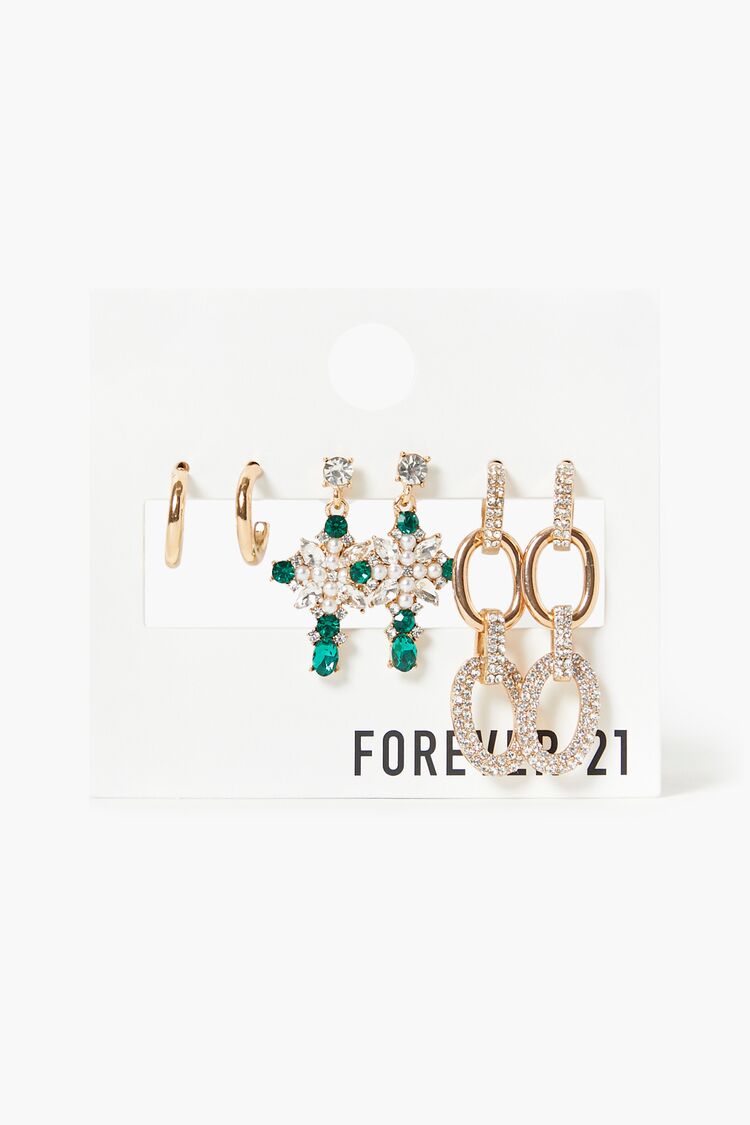 Forever 21 Women's Rhinestone Chain Drop Earring Set Gold/Green