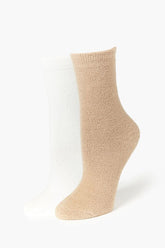 Forever 21 Women's Fuzzy Knit Crew Socks Set White/Tan