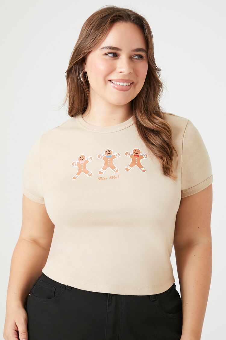 Forever 21 Plus Women's Bite Me Gingerbread Baby T-Shirt Beige/Multi