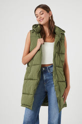 Forever 21 Women's Longline Hooded Quilted Puffer Vest Olive