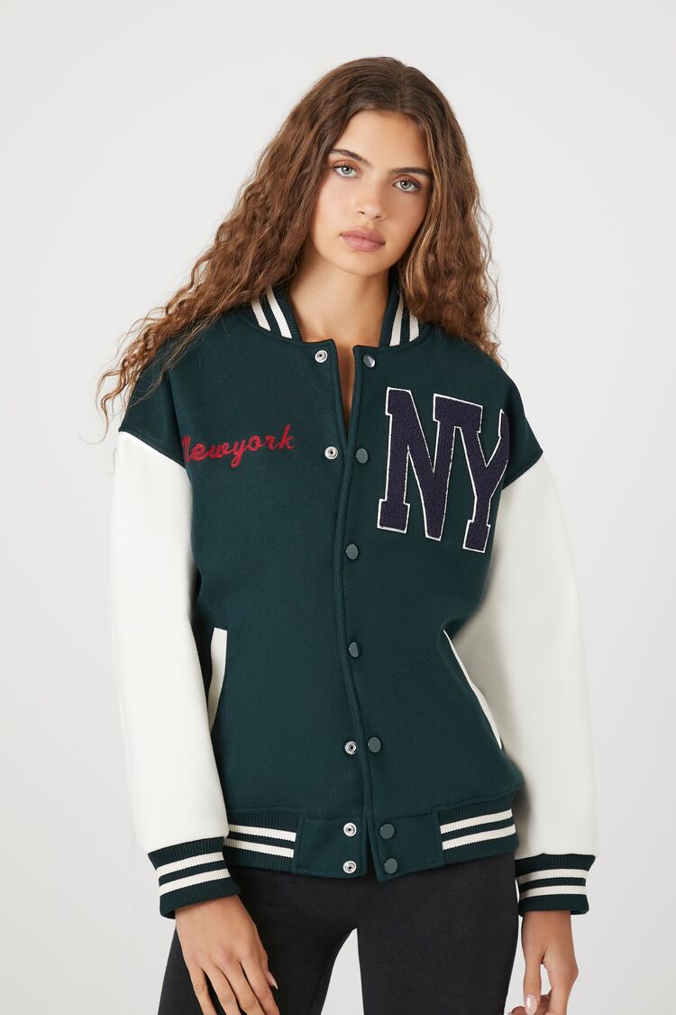 Forever 21 Women's New York Varsity Letterman Bomber Jacket Green/Multi