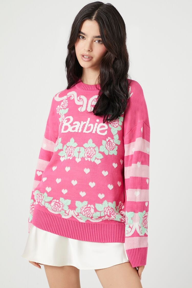 Forever 21 Women's Barbie Graphic Knit Sweater Pink/White