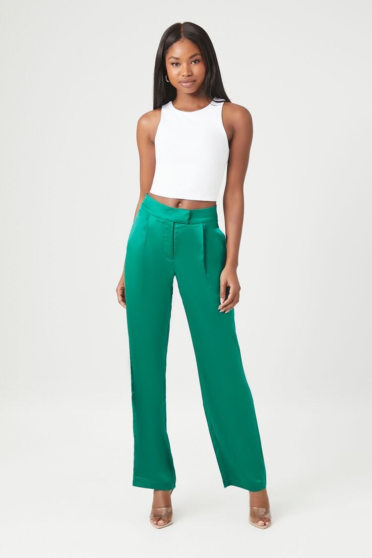 Forever 21 Women's Satin High-Rise Straight Pants Green