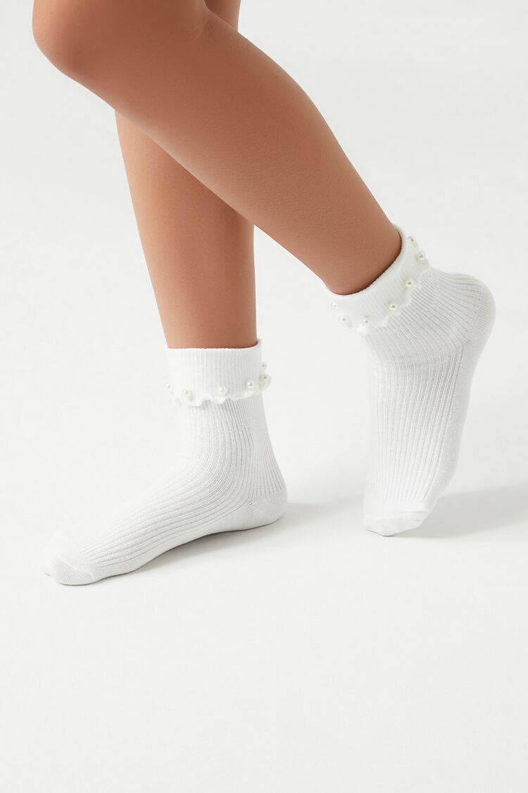 Forever 21 Women's Faux Pearl Crew Socks White