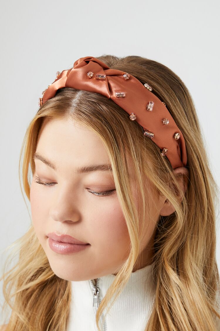 Forever 21 Women's Faux Gem Knotted Satin Headband Rust