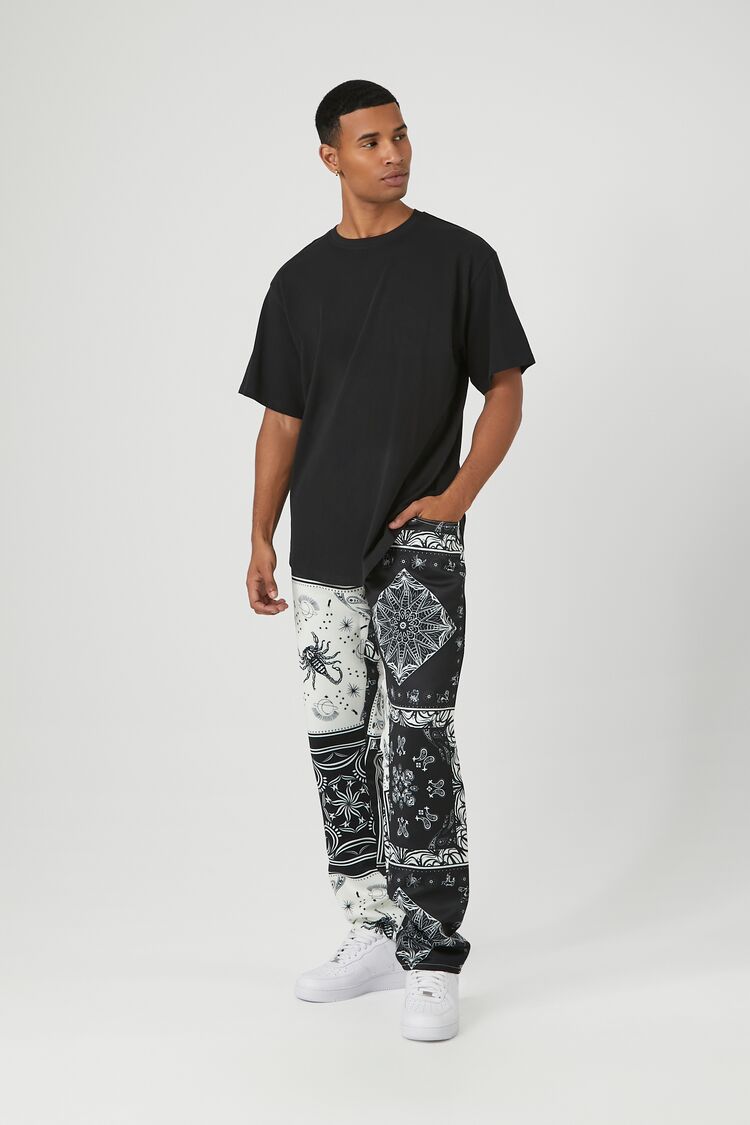 Forever 21 Men's Satin Paisley Print Slim-Fit Pants Black/Cream