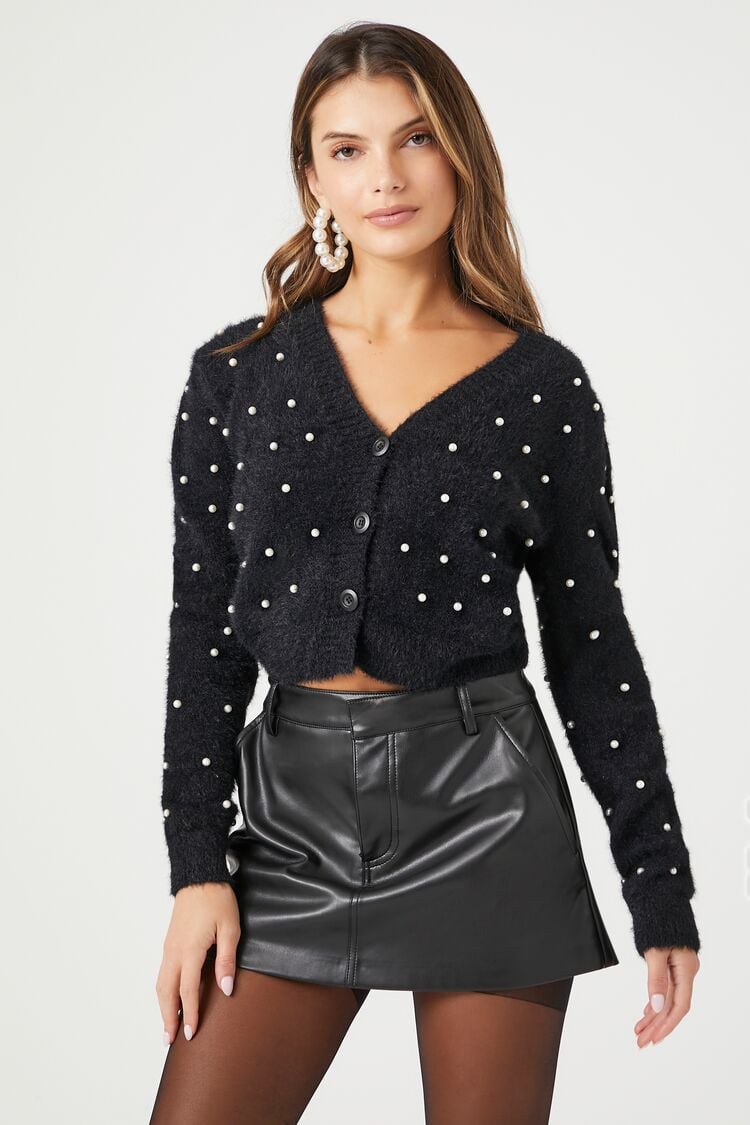 Forever 21 Knit Women's Faux Pearl Cardigan Sweater Black