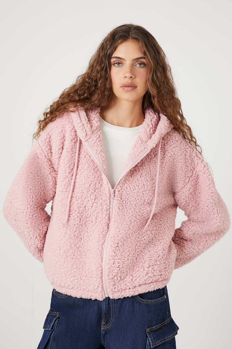 Forever 21 Women's Faux Shearling/Sherpa Zip-Up Hoodie Sweatshirt Pale Mauve