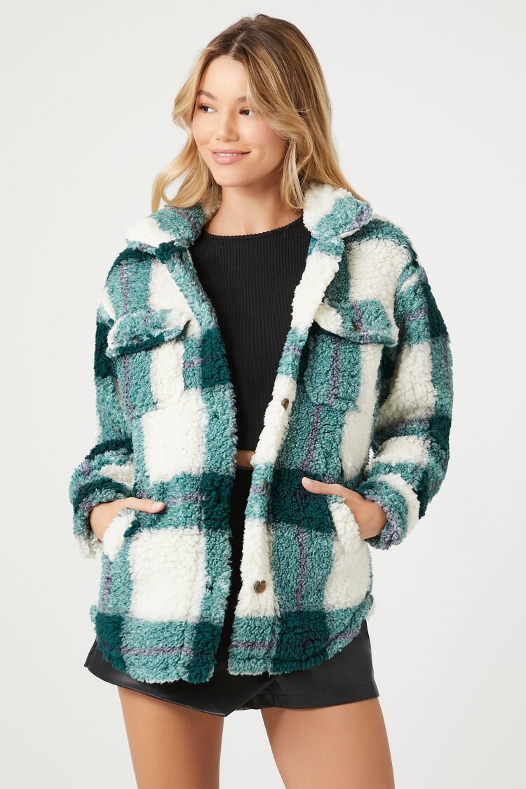 Forever 21 Women's Faux Shearling/Sherpa Plaid Shacket Olive/Multi