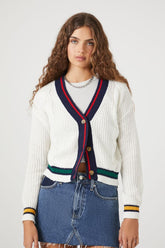 Forever 21 Knit Women's Striped Contrast-Trim Cardigan Sweater Ivory/Multi