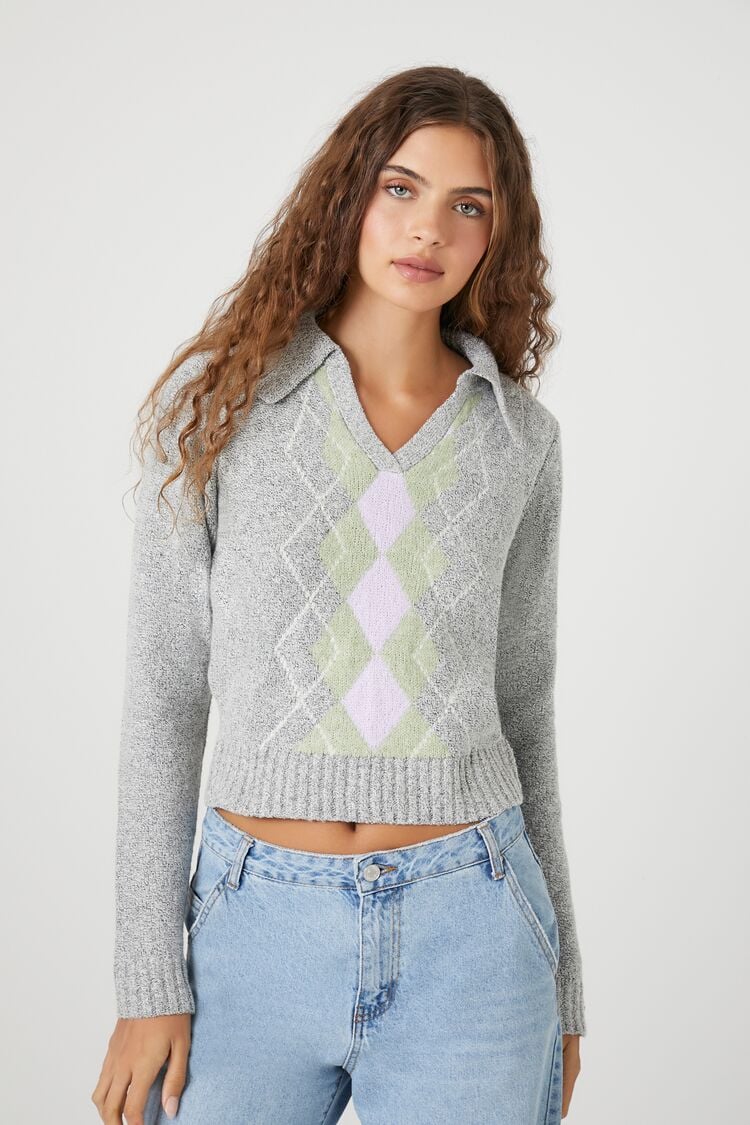 Forever 21 Knit Women's Argyle Cropped Sweater Grey/Multi