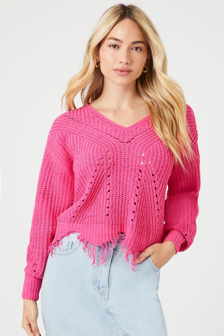 Forever 21 Knit Women's Distressed Sharkbite Cutout Sweater Pink