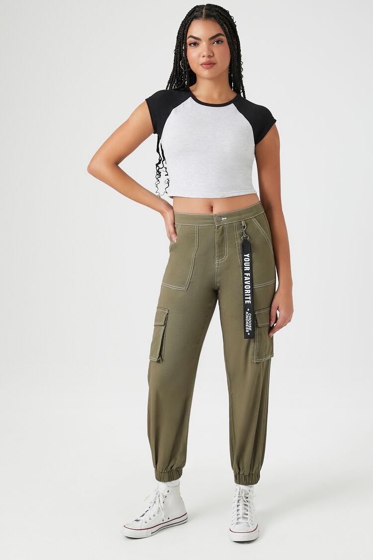 Forever 21 Women's Twill High-Rise Lanyard Joggers Green