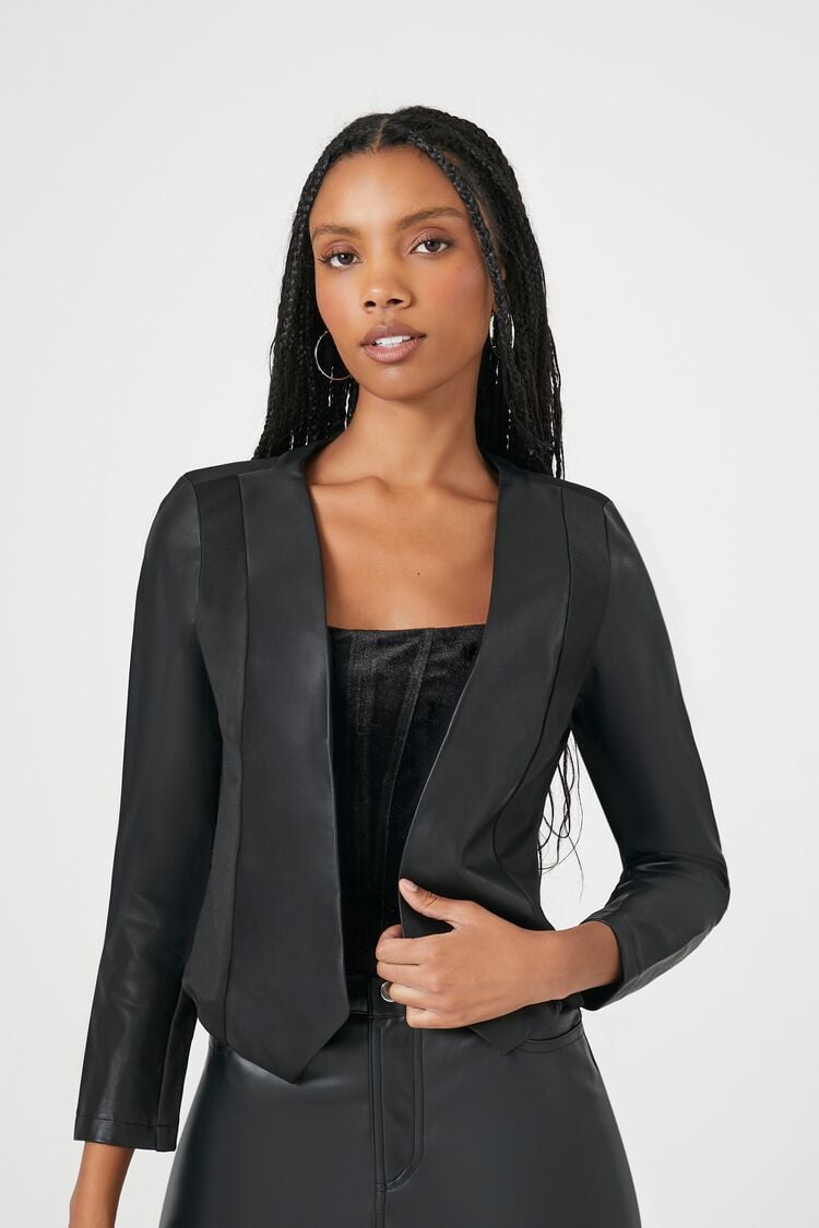 Forever 21 Women's Faux Leather/Pleather Cropped Blazer Black