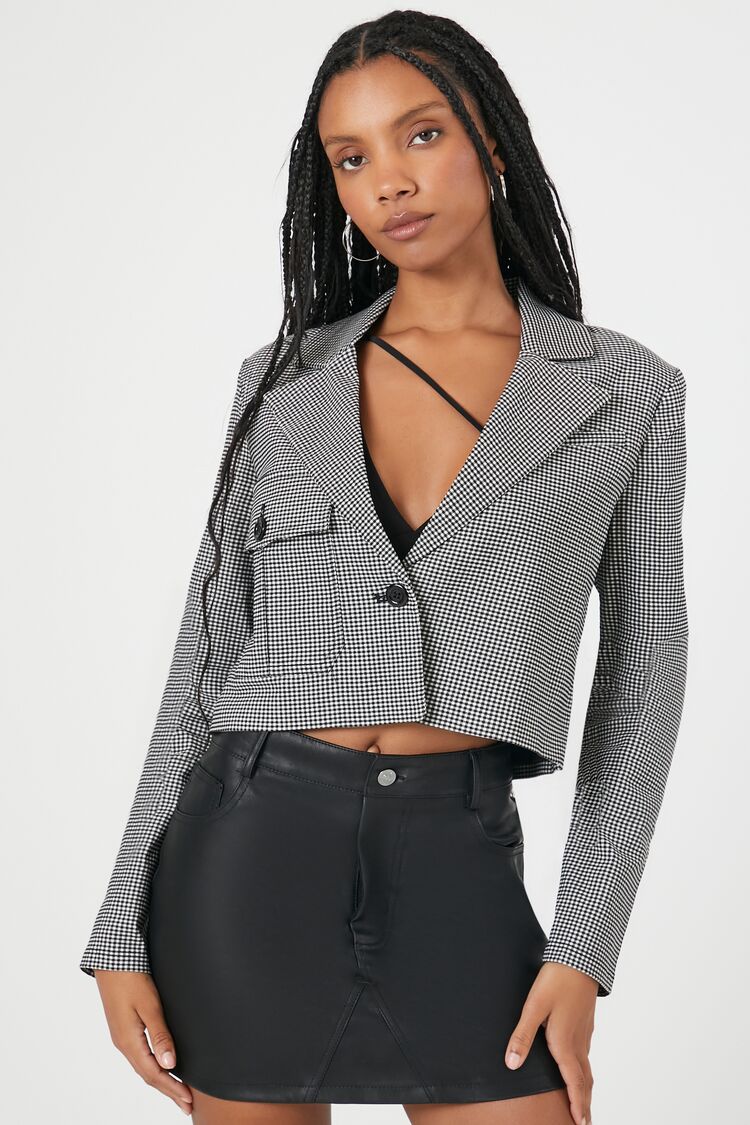 Forever 21 Women's Jacquard Checkered Cropped Blazer Black/White