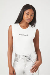 Forever 21 Women's Sleeveless New York Graphic Bodysuit Cream/Multi