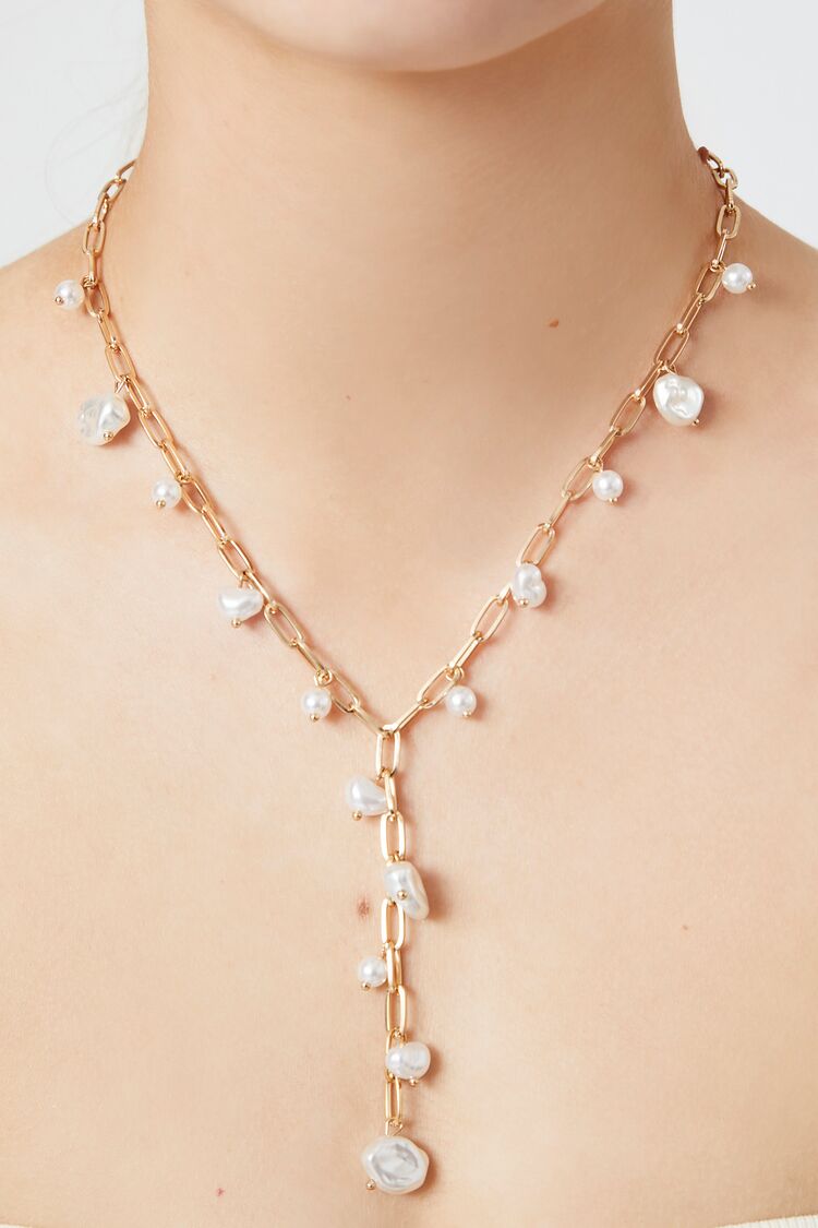 Forever 21 Women's Faux Pearl Y-Chain Necklace Gold/White