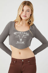 Forever 21 Women's Nashville Graphic Thermal Cropped T-Shirt Charcoal/Cream