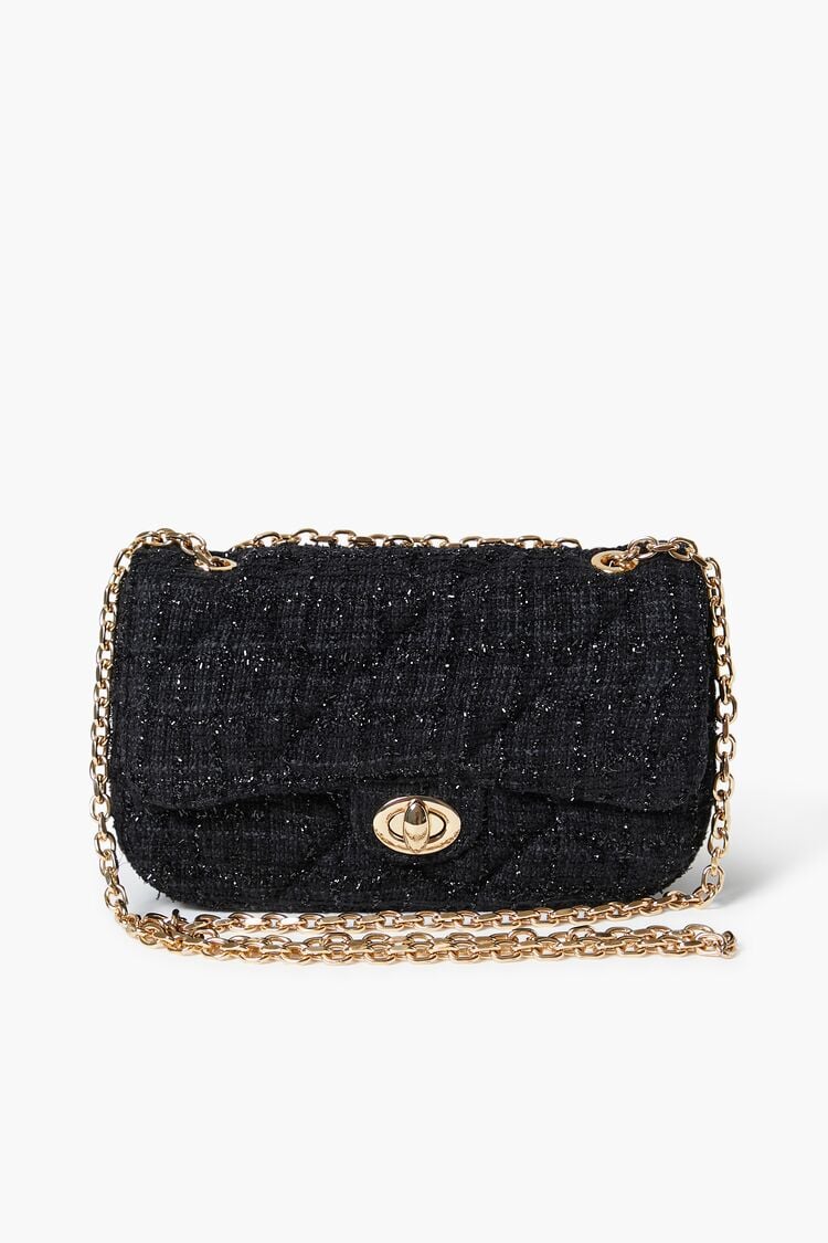 Forever 21 Women's Tweed Chain-Strap Crossbody Bag Black