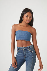 Forever 21 Women's Denim Raw-Cut Cropped Tube Top Medium Denim