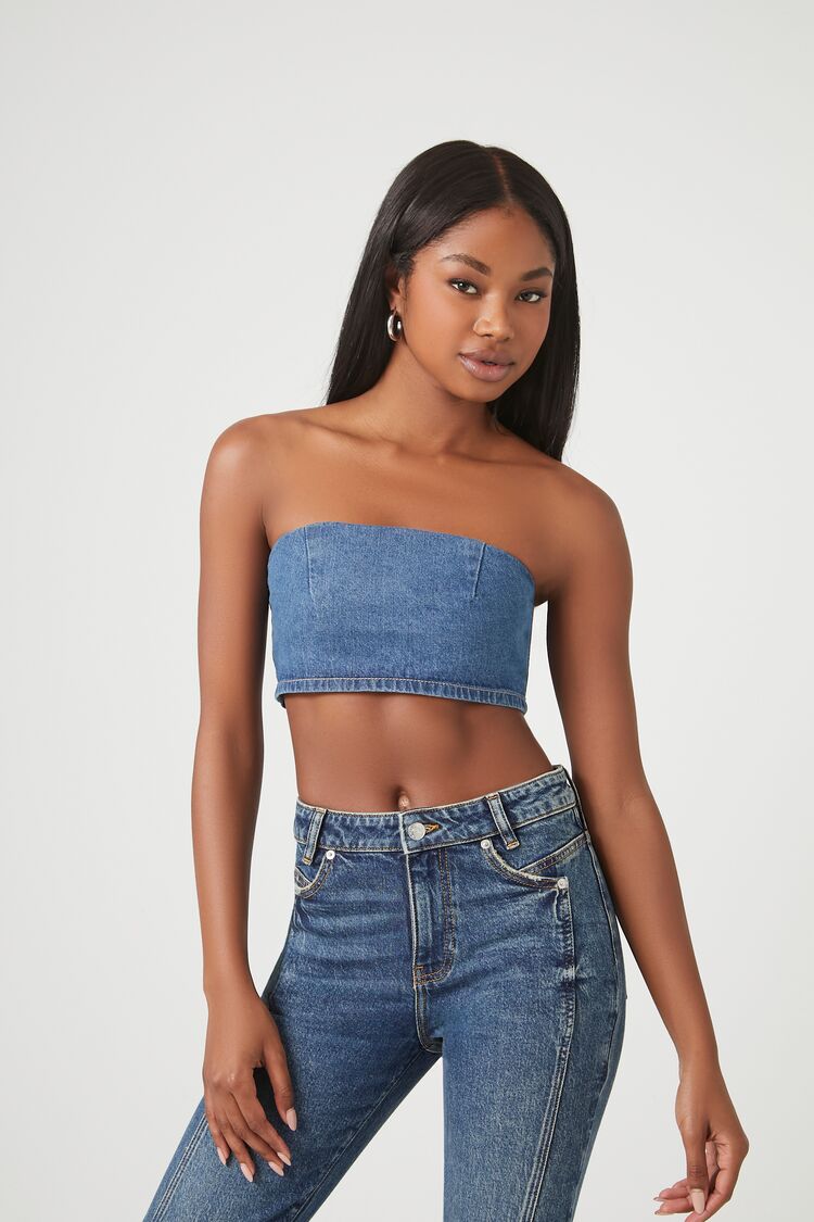 Forever 21 Women's Denim Raw-Cut Cropped Tube Top Medium Denim