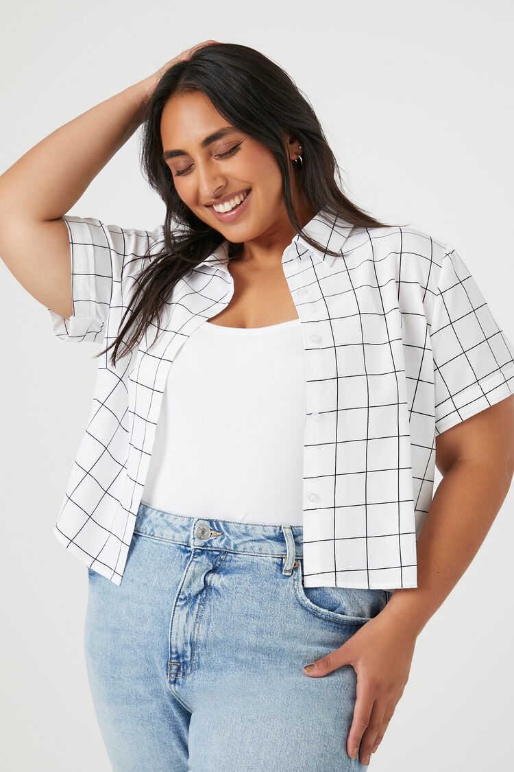 Forever 21 Plus Women's Grid Plaid Shirt White/Black