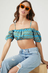 Forever 21 Women's Abstract Off-the-Shoulder Crop Top Blue/Multi