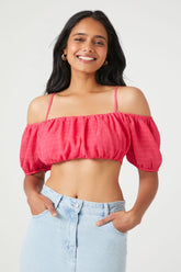 Forever 21 Women's Chiffon Off-the-Shoulder Crop Top Hot Pink