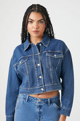 Forever 21 Women's Rhinestone-Trim Denim Trucker Jacket Medium Denim