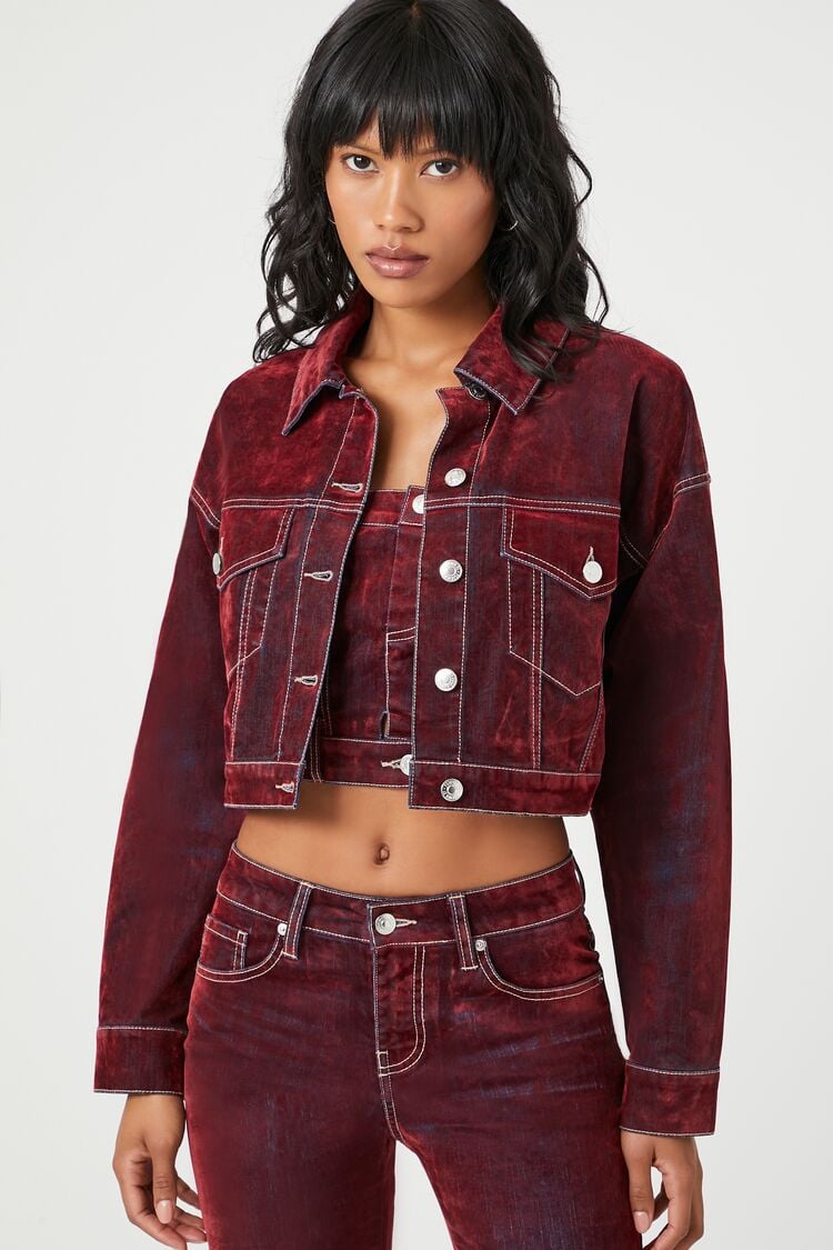 Forever 21 Women's Cropped Denim Trucker Jacket Burgundy