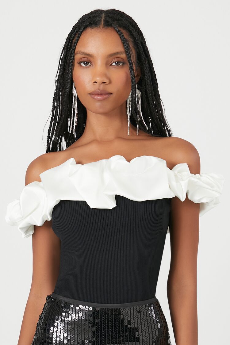 Forever 21 Women's Sweater-Knit Ruffle-Trim Top Black/White