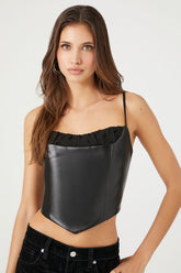 Forever 21 Women's Faux Leather/Pleather Ruffle-Trim Crop Top Black