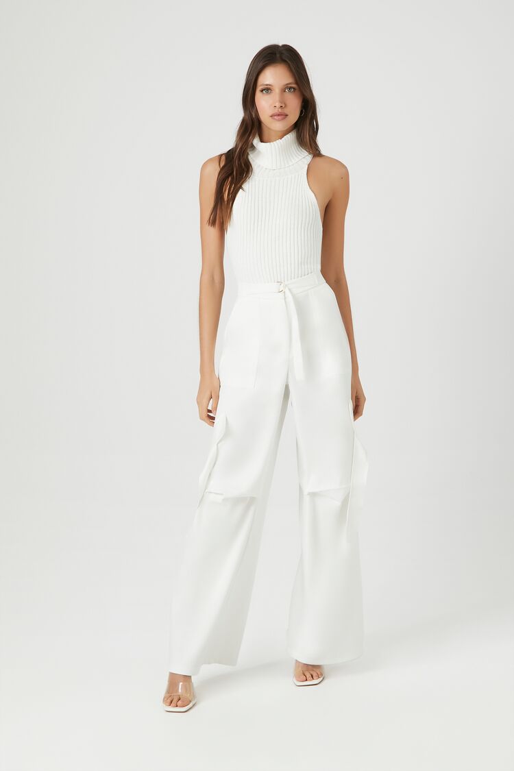 Forever 21 Women's Belted Satin Wide-Leg Cargo Pants Ivory