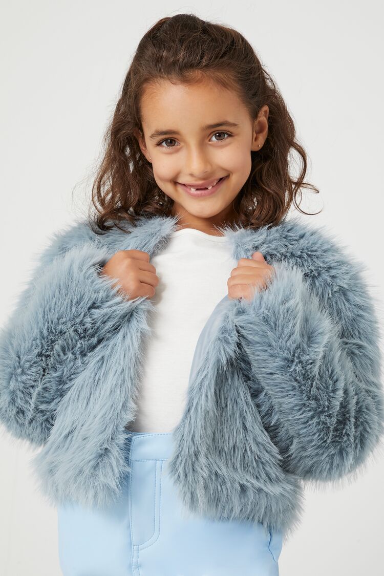 Forever 21 Girls Faux Fur Open-Front Coat (Kids) Blue