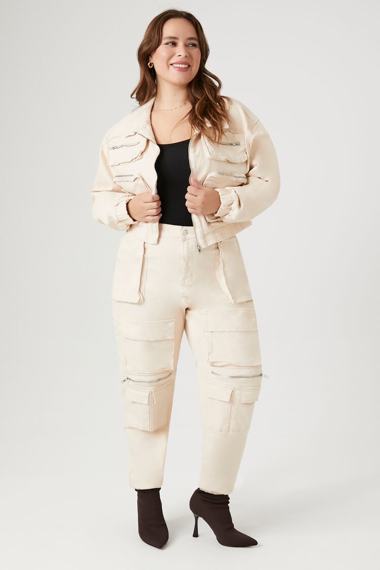 Forever 21 Plus Women's High-Rise Cargo Pants Ivory