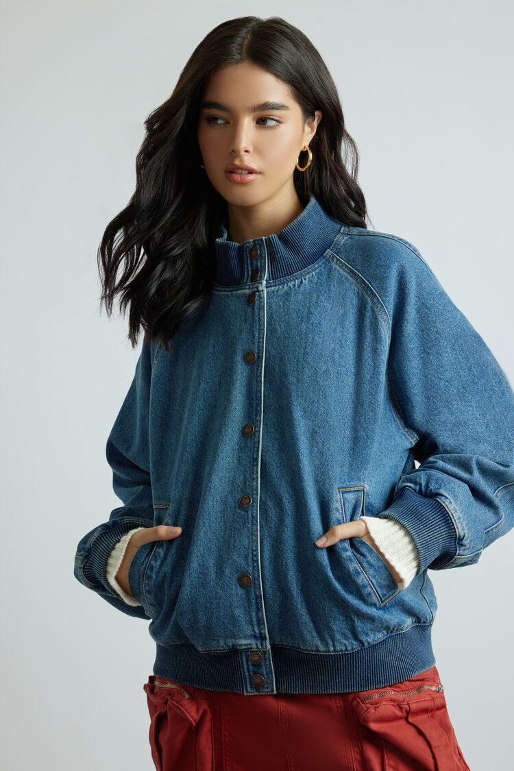 Forever 21 Women's Denim Bomber Jacket Medium Denim