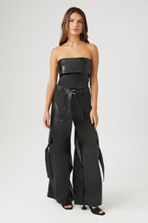 Forever 21 Women's Faux Leather/Pleather Wide-Leg Cargo Pants Black