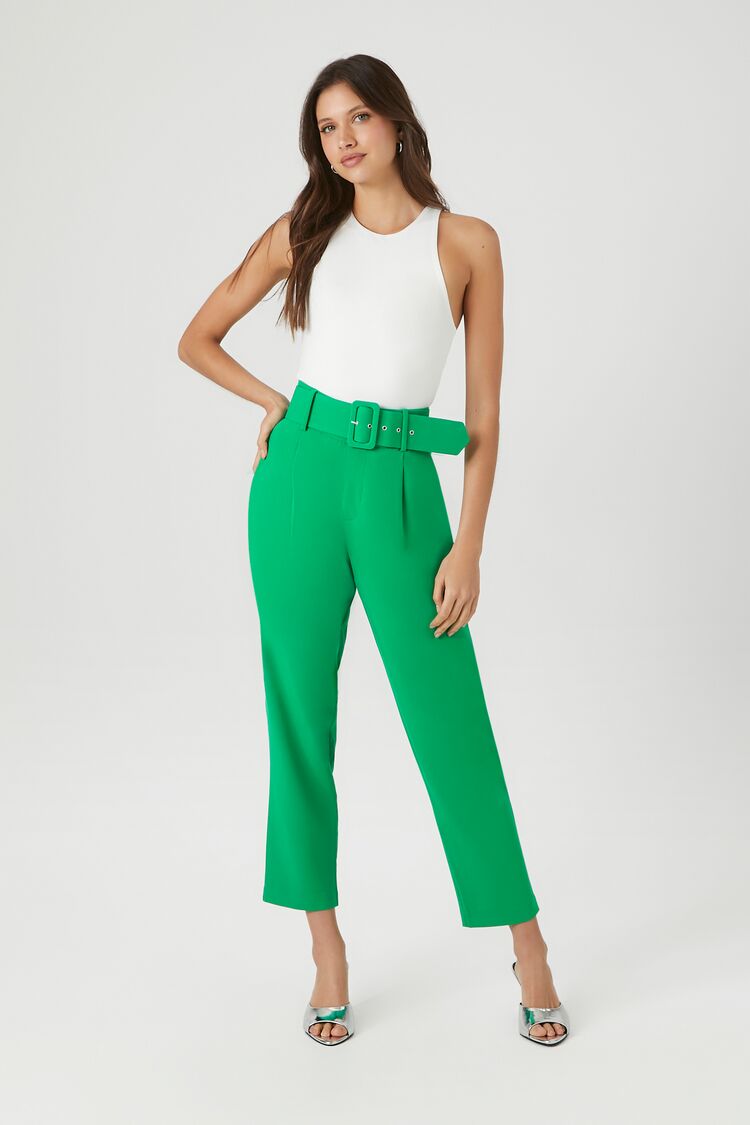 Forever 21 Women's Belted Straight-Leg Ankle Pants Green