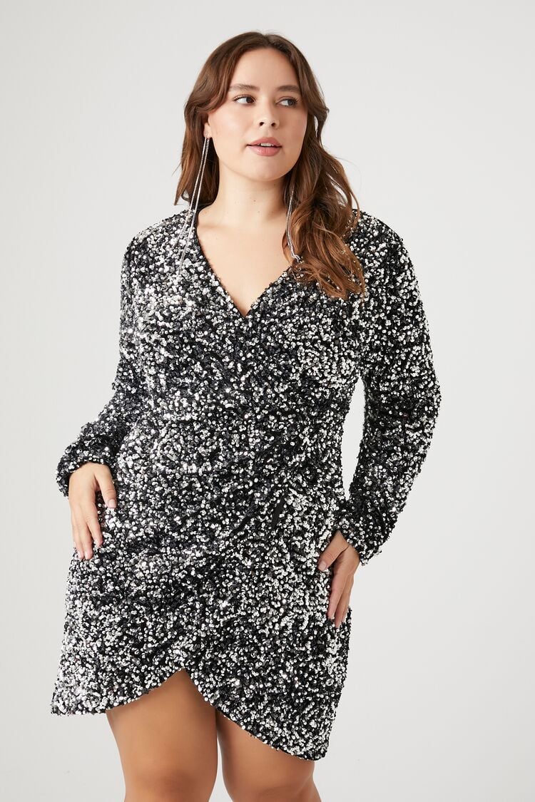 Forever 21 Plus Women's Sequin Mock Wrap Mini Dress Silver/Black