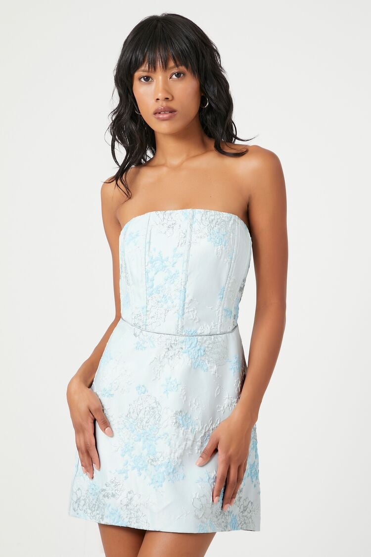 Forever 21 Women's Floral Print Strapless Mini Dress Cream/Baby Blue