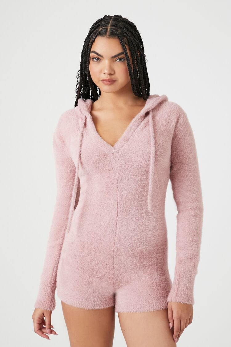 Forever 21 Women's Hooded Sweater-Knit Romper Pale Mauve