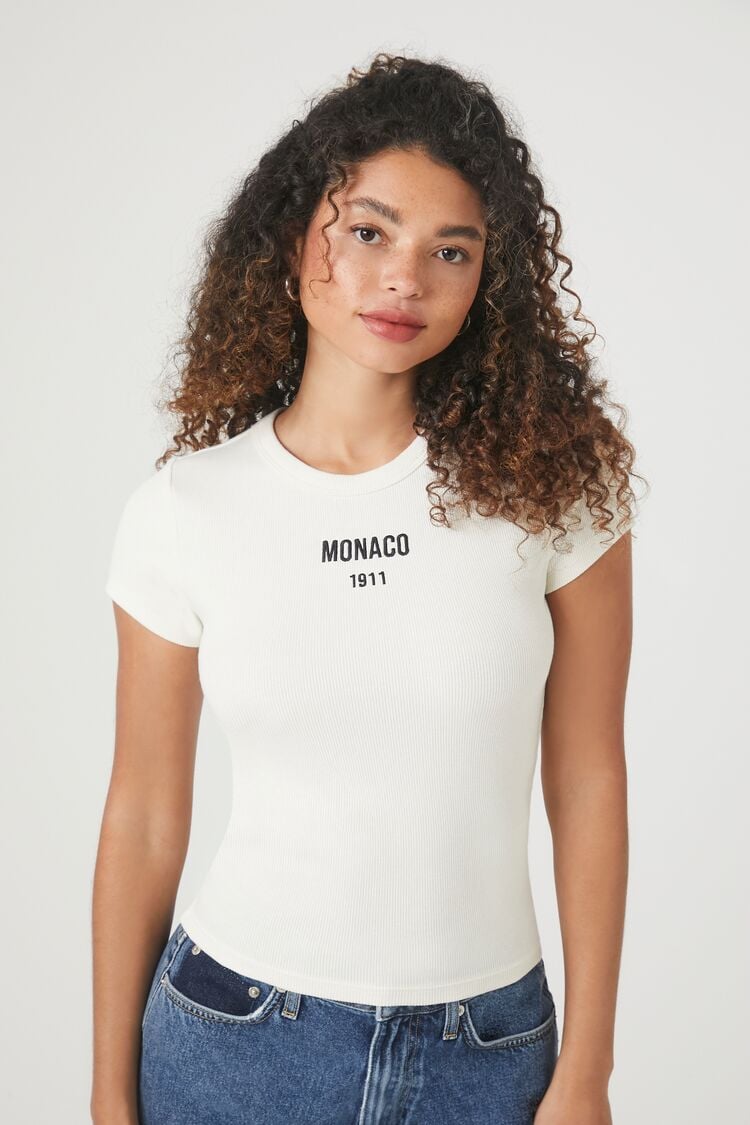 Forever 21 Women's Embroidered Monaco T-Shirt Cream/Black