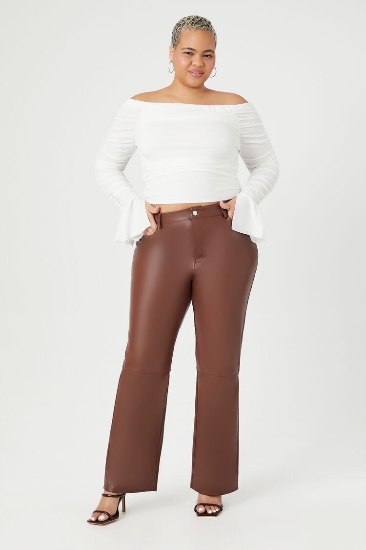 Forever 21 Plus Women's Faux Leather/Pleather Straight Pants Brown