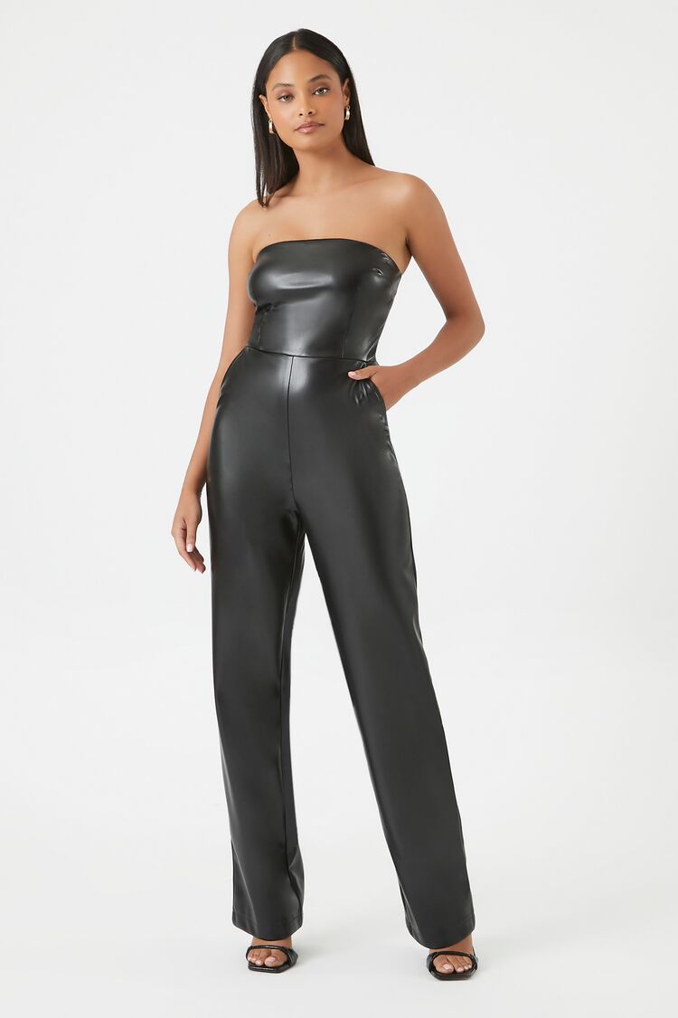 Forever 21 Women's Faux Leather/Pleather Tube Jumpsuit Black