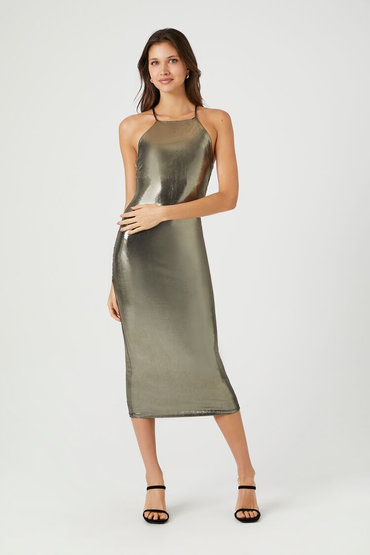 Forever 21 Women's Metallic Halter Midi Slip Dress Gold