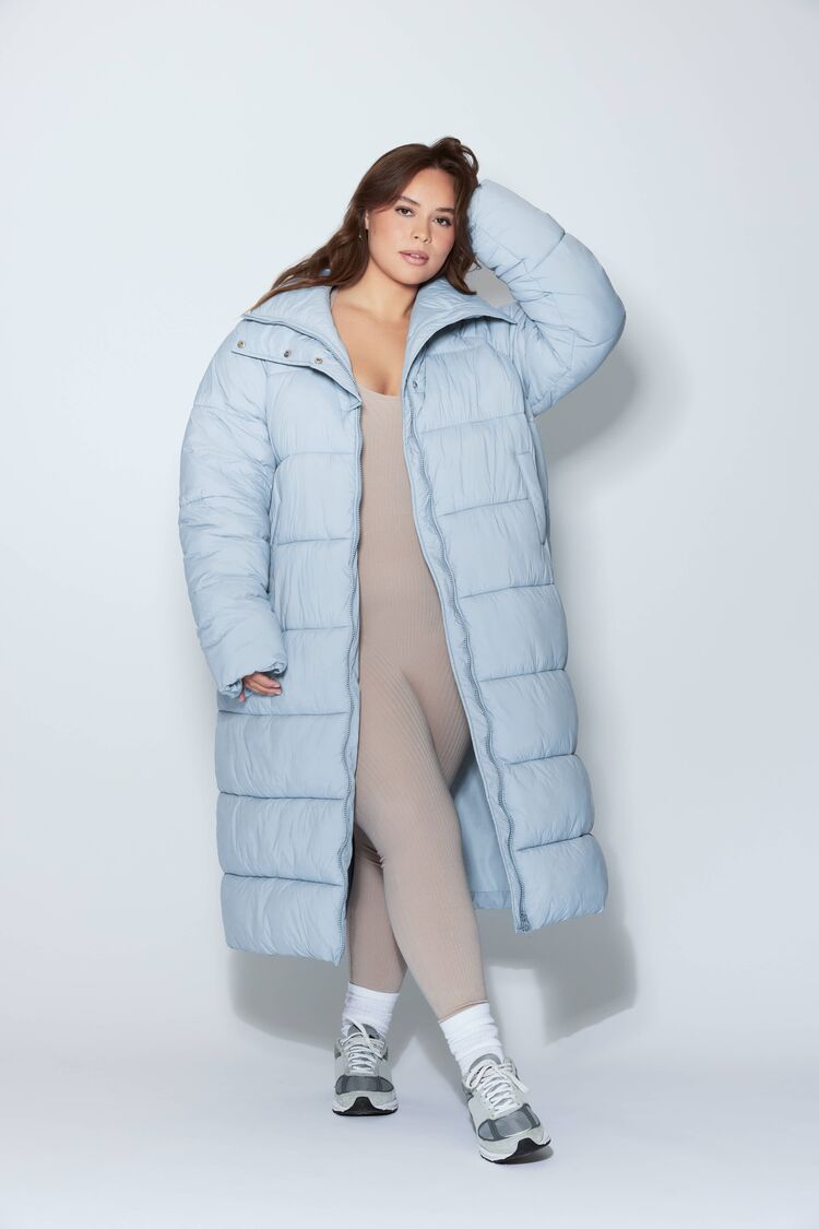 Forever 21 Plus Women's Longline Puffer Bubble Coat Jacket Light Blue