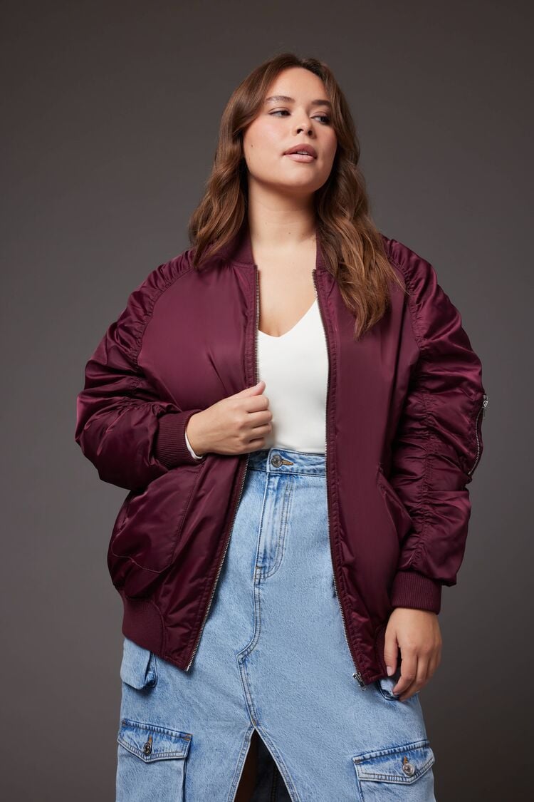 Forever 21 Plus Women's Ruched Bomber Jacket Wine