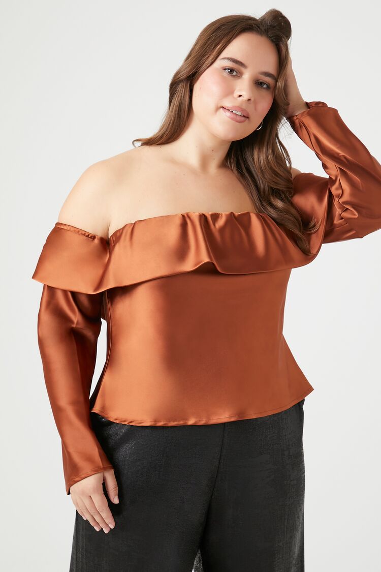 Forever 21 Plus Women's Satin Off-the-Shoulder Top Chestnut