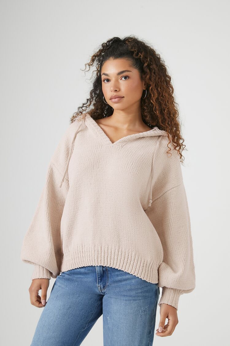 Forever 21 Knit Women's Hooded Drop-Sleeve Sweater Beige