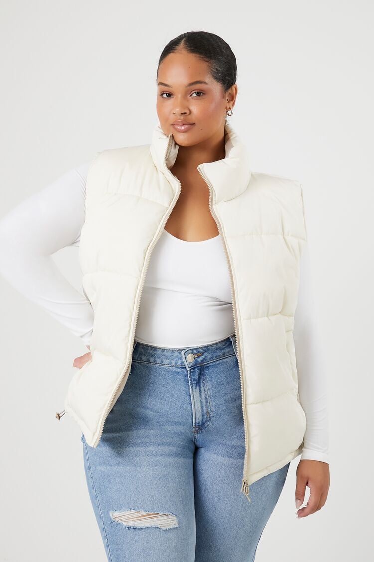 Forever 21 Plus Women's Reversible Zip-Up Puffer Vest Cream/Taupe